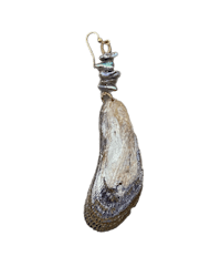 a shell pendant hanging from a chain on a black background